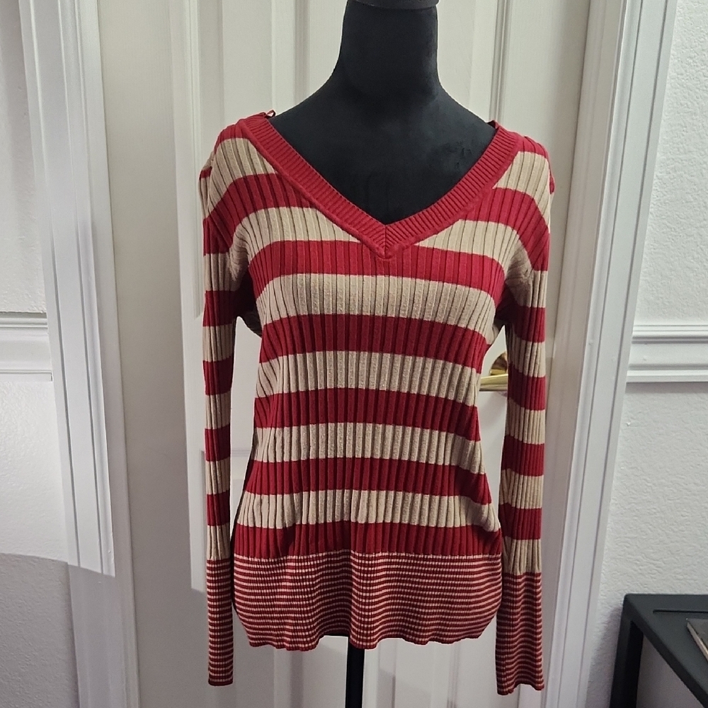 Metaphor Red and Cream Striped V-Neck Sweater
